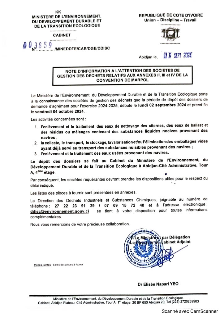 NOTE D’INFORMATION A L’ATTENTION DES SOCIETES DE GESTION DES DECHETS RELATIFS AUX ANNEXES 11, 111 et IV OE LA CONVENTION DE MARPOL